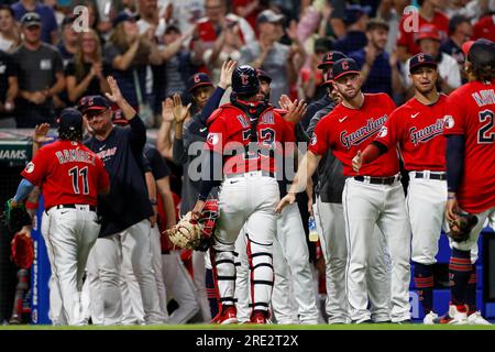 Cleveland Guardians catcher Bo Naylor (23) celebrates a victory with ...