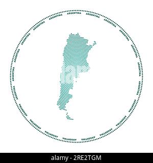 Argentina round logo. Digital style shape of Argentina in dotted circle with country name. Tech icon of the country with gradiented dots. Stock Vector
