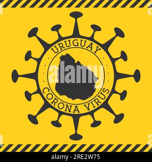Corona virus in Uruguay sign. Round badge with shape of virus and Uruguay map. Yellow country epidemy lock down stamp. Vector illustration. Stock Vector