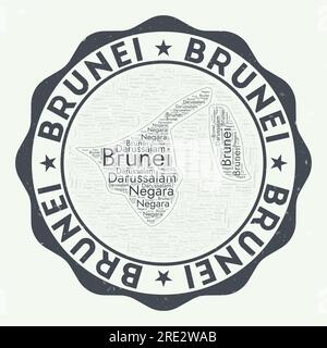 Brunei logo. Awesome country badge with word cloud in shape of Brunei. Round emblem with country name. Vibrant vector illustration. Stock Vector