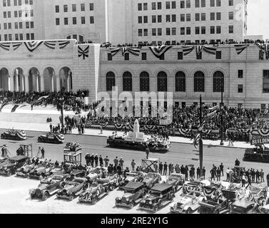 Los Angeles, California:   April 26, 1928. An exact replica of of the new City Hall is part of the parade and dedication ceremonies for the opening of the new City Hall in Los Angeles. Stock Photo