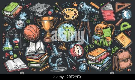 Education collection. Set of school accessories in cartoon funny style. Back to school concept vector illustration Stock Vector