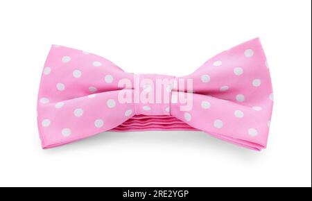 Stylish pink bow tie with polka dot pattern on white background Stock Photo