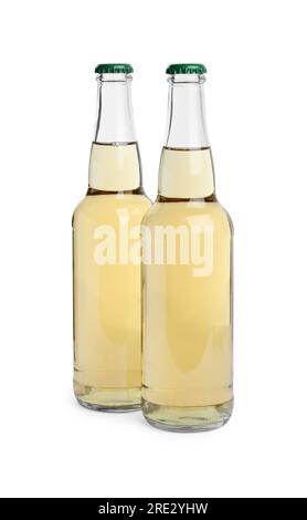 Bottles of delicious apple cider isolated on white Stock Photo
