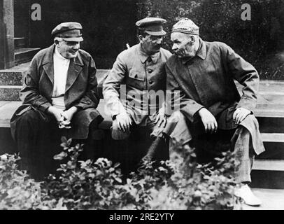 Moscow, Russia, August 3, 1931 Yenekidsky, Josef Stalin and Maxim Gorky photographed during the parade of Physical Culturists in the Red Square of Moscow on the occasion of the 10th anniversary of the Red Sport and International Red Day. Stock Photo
