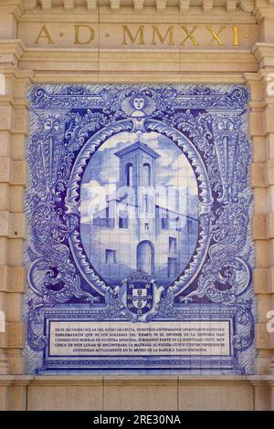 Architectural decorative Azulejo blue tiles, in remembrance of the historic Old Convent of the Trinitarians, Paseo Alcalde Sánchez Prados, Ceuta. Stock Photo