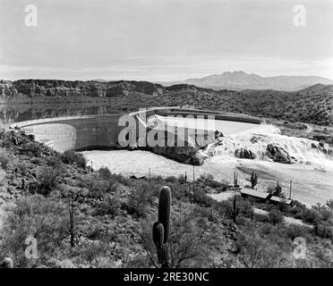 Salt River, Arizona:   June 30, 1941 The Salt River roars through the Arizona desert and past Stewart Mountain to break a critical drought there. Stock Photo