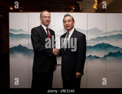 Johannesburg, South Africa. 24th July, 2023. Wang Yi (R), director of the Office of the Communist Party of China Central Commission for Foreign Affairs, meets with Nikolai Patrushev, secretary of the Security Council of the Russian Federation, in Johannesburg, South Africa, July 24, 2023. Credit: Zhang Yudong/Xinhua/Alamy Live News Stock Photo