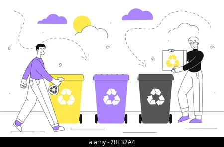 People sorting garbage vector line concept Stock Vector