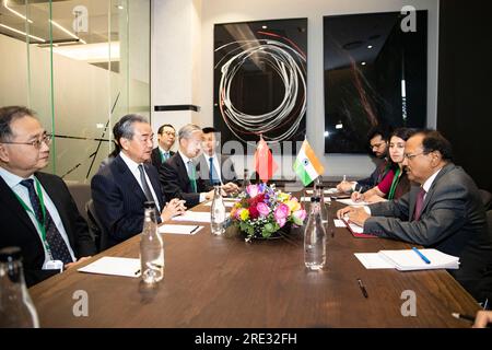Johannesburg, South Africa. 24th July, 2023. Wang Yi (2nd L), director of the Office of the Communist Party of China Central Commission for Foreign Affairs, meets with Indian National Security Adviser Ajit Doval in Johannesburg, South Africa, July 24, 2023. Credit: Zhang Yudong/Xinhua/Alamy Live News Stock Photo