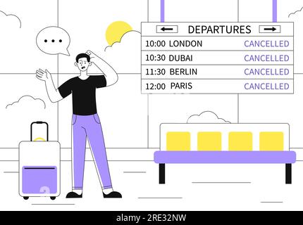 Man with canceled flight vector line concept Stock Vector
