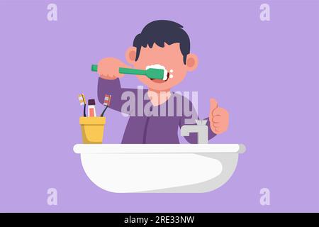 Graphic flat design drawing little boy or kid brushing his teeth with thumbs up gesture. Children routine habit for cleanliness, health, freshness of Stock Photo