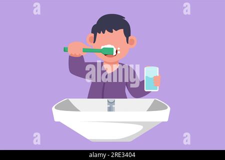 Graphic flat design drawing of little boy brushing his teeth in sink. Children routine habits every morning for cleanliness, health, and freshness of Stock Photo