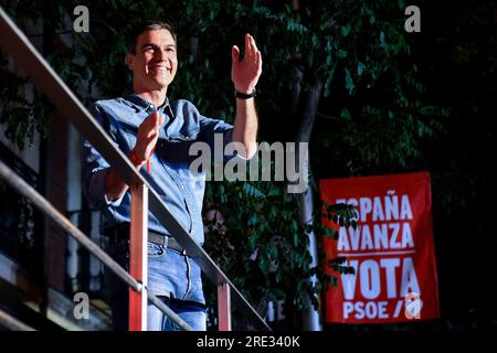 (230725) -- MADRID, July 25, 2023 (Xinhua) -- Pedro Sanchez, Spain's acting prime minister and Socialist Workers' Party (PSOE) leader, interacts with supporters in Madrid, Spain, July 23, 2023. Spain's opposition right-wing People's Party (PP) has won Sunday's general elections with 99.79 percent of the votes counted, while no single party garnered enough parliamentary seats to form a government.The results showed that the PP has won 136 seats in the 350-seat Congress of Deputies, the lower house of the Spanish parliament. The Spanish Socialist Workers' Party (PSOE) of Prime Minister Pedro San Stock Photo