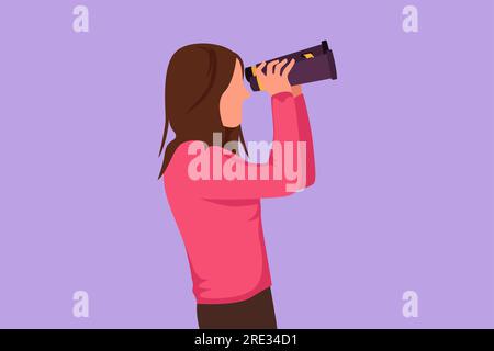 Cartoon flat style drawing side view of young woman looking in distance with binoculars. Enjoy beauty nature as far as the eye can see. Find something Stock Photo