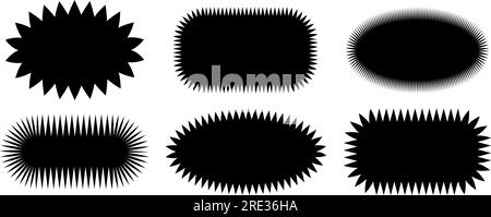 Zig zag edge oval shape collection. Jagged elliptic and curved elements set. Black graphic design elements for decoration, banner, poster, template, sticker, badge, label, stamp. Vector Stock Vector