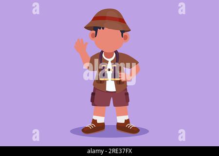 Graphic flat design drawing little boy scout wearing safari outfit complete with hat, carrying bag and draping binoculars. Adorable kid adventurer lea Stock Photo