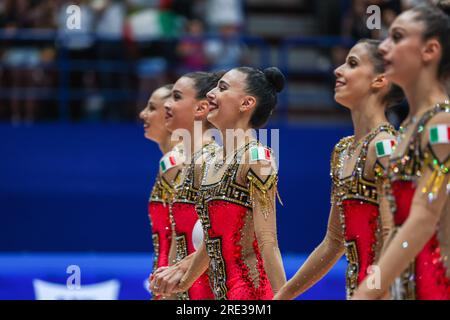 Milan, Italy. 23rd July, 2023. Italy group team during the Rhythmic Gymnastics FIG World Cup 2023 Milan at Mediolanum Forum. Credit: SOPA Images Limited/Alamy Live News Stock Photo