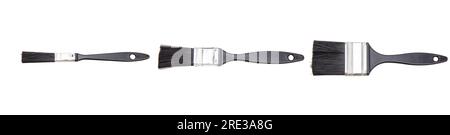 Paint brushes set new clean with black wooden handle isolated on white background. Stock Photo