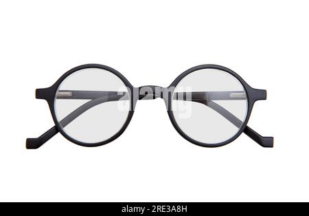 Black round frame eyeglasses, Myopia, presbyopia eye glasses isolated cutout on white background, Stock Photo
