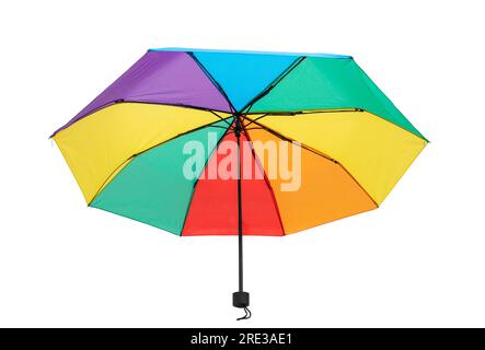 Rainbow colors umbrella isolated on transparent white Weather protection, pride concept. Stock Photo