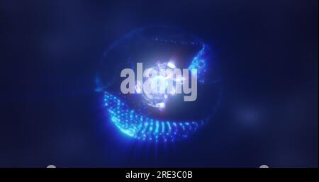Abstract sphere atom with electrons flying glowing bright particles and ...