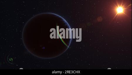 Abstract realistic space spinning planet round sphere with a blue water surface in space against the background of stars. Stock Photo