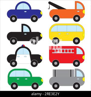 A set of assorted vehicles - car, trucks, vans, police car, fire truck, cargo truck, station wagon, and sedan Stock Vector