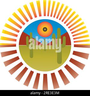 A classic southwestern-inspired circular design featuring cacti in the desert with mountains. Stock Vector