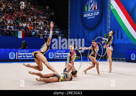 Milan, Italy. 23rd July, 2023. Italy group team during Rhythmic Gymnastics FIG World Cup 2023 Milan at Mediolanum Forum. (Photo by Fabrizio Carabelli/SOPA Images/Sipa USA) Credit: Sipa USA/Alamy Live News Stock Photo