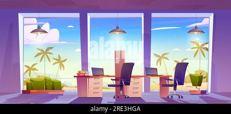Seaside company office interior with palm trees behind large windows. Vector cartoon illustration of room with laptops and folders on desks, chairs, lamps. Tropical beach view. Business workspace Stock Vector