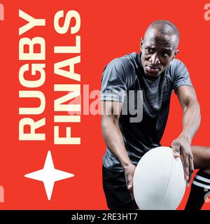 Rugby finals text in white on red with african american male rugby player passing ball Stock Photo