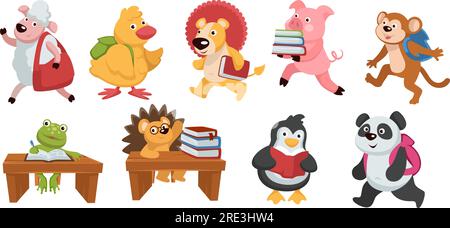 Childlike small animal characters walking with books reading for school. Sheep and monkey with panda walking with backpacks. Learning and studying duc Stock Vector