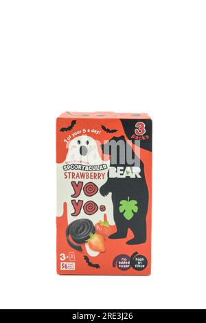 Irvine, Scotland, UK-May 06, 2023: Bearsnacks branded strawberry yo yo confectionary for children in a cardboard box displaying graphics and icons rel Stock Photo