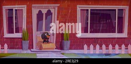 Homeless wet dog sitting in cardboard box on house porch in rainy weather. Vector cartoon illustration of sad dachshund puppy hiding from rainfall near house door, looking for home. Pet adoption Stock Vector