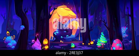 Mysterious forest landscape with fantastic plants glowing in night darkness. Vector cartoon illustration of magic tree, mushrooms and flowers growing on glade. Nature on alien planet. Game background Stock Vector