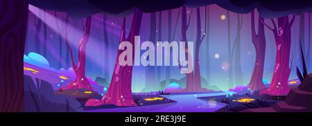 Fairytale night forest with river, yellow fireflies and neon mushrooms glowing in darkness. Vector cartoon illustration of water flowing in dark woodland, moonlight beams, magic lights flying in air Stock Vector