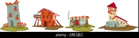 Weathered constructions in bad condition, countryside with destroyed and old buildings or houses. Exteriors and facades of historic monuments in town. Stock Vector