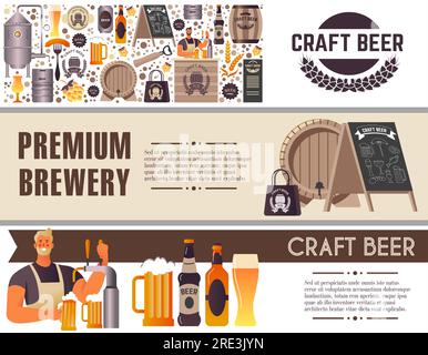 Craft beer production in premium brewery, variety of tastes and flavors. Bartender pouring alcoholic beverage in shop store. Promotional poster or ban Stock Vector