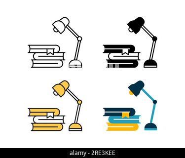 study lamp and books icon vector design in 4 style line, glyph, duotone, and flat Stock Vector