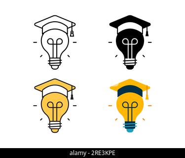graduation cap and bulb icon vector design in 4 style line, glyph, duotone, and flat Stock Vector