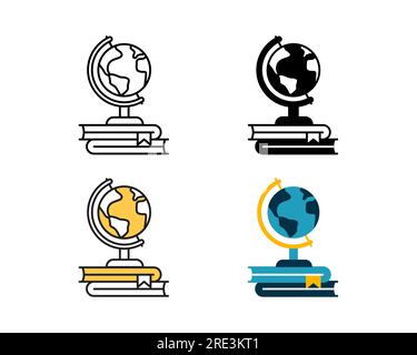 globe and books icon vector design in 4 style line, glyph, duotone, and flat Stock Vector