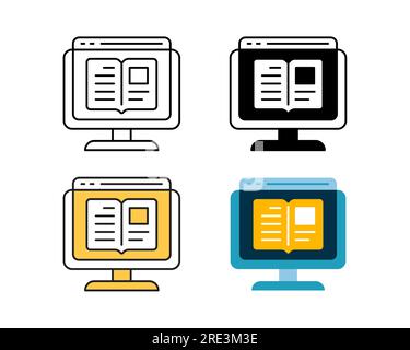 e-book icon on monitor vector design in 4 style line, glyph, duotone, and flat Stock Vector
