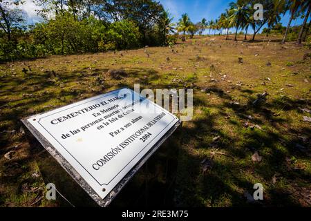 Commemorative plaque at the graveyard for the killed and disappeared people at the Coiba Island prison at Isla de Coiba, Republic of Panama Stock Photo