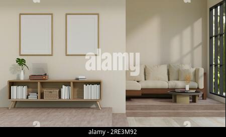 Interior design of a comfortable and minimal home living room with cozy couch, wooden cabinet with home decor, blank frame mockups on white wall and p Stock Photo