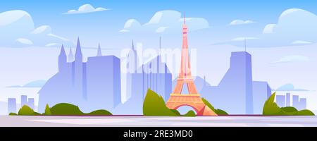Paris urban landscape vector cartoon illustration with famous landmark, Eiffel Tower and city skyline silhouette background, horizontal banner with blue cloudy sky and buildings, panoramic view Stock Vector