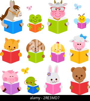 Cute animals reading books. Vector illustration Stock Vector