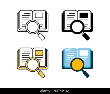 book and magnifying glass icon vector design in 4 style line, glyph, duotone, and flat Stock Vector