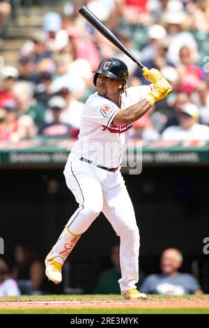 Cleveland Guardians' Jose Ramirez bats against the Seattle Mariners during  the first inning of a baseball game, Friday, April 7, 2023, in Cleveland.  (AP Photo/Ron Schwane Stock Photo - Alamy