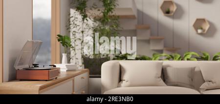 Close-up image of a vintage record player on a wooden cabinet in a cozy contemporary living room. 3d render, 3d illustration Stock Photo